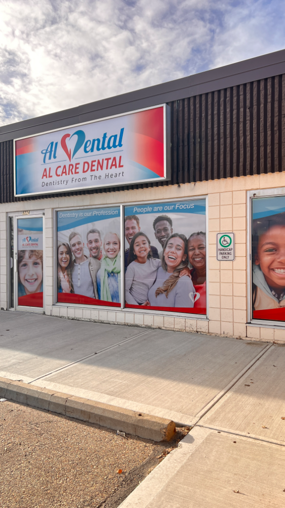 The Al Care Dental storefront on 50 Street in Leduc, showing the clinic sign