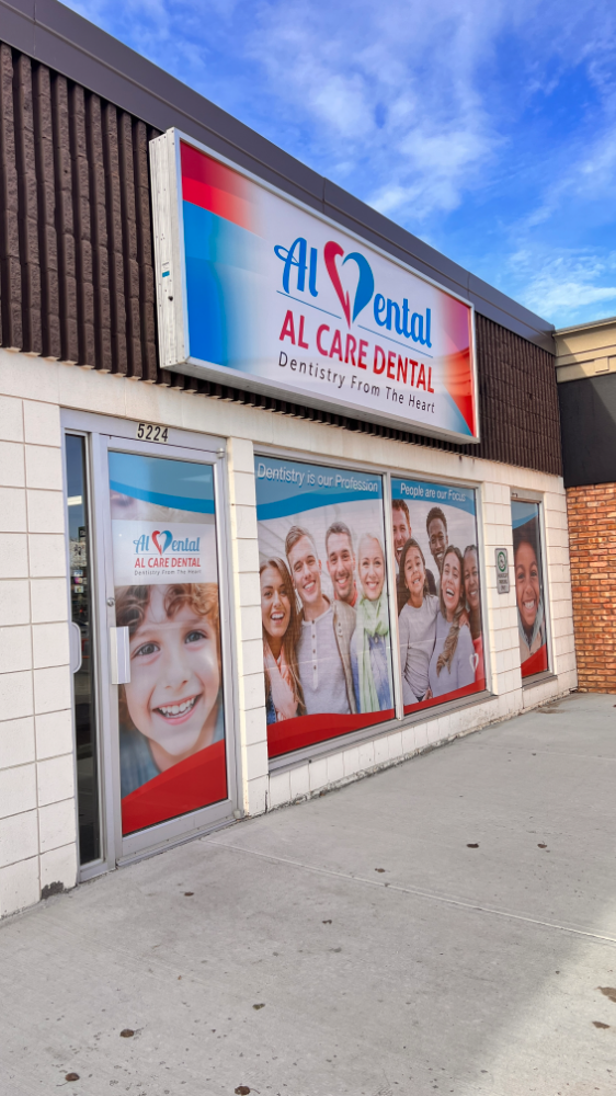 The Al Care Dental storefront on 50 Street in Leduc, showing the clinic sign and the address 5224